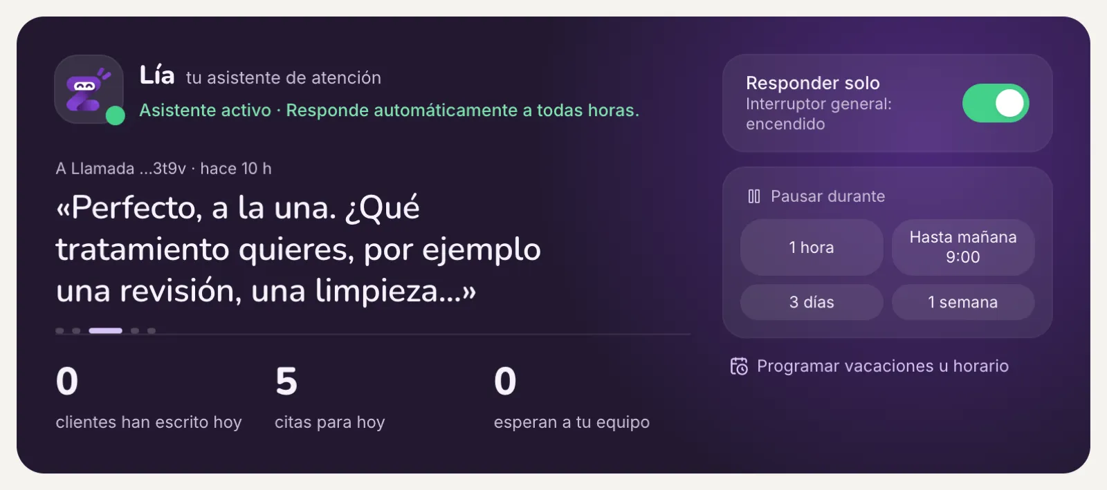 Tarjeta de Lía, la asistente: activa, con su última respuesta, cinco citas para hoy, el interruptor y las opciones de pausa