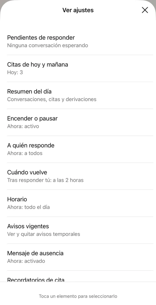 Menú de ajustes del asistente en WhatsApp: pendientes de responder, citas de hoy y mañana, resumen del día, encender o pausar, a quién responde, cuándo vuelve, horario, avisos vigentes y mensaje de ausencia